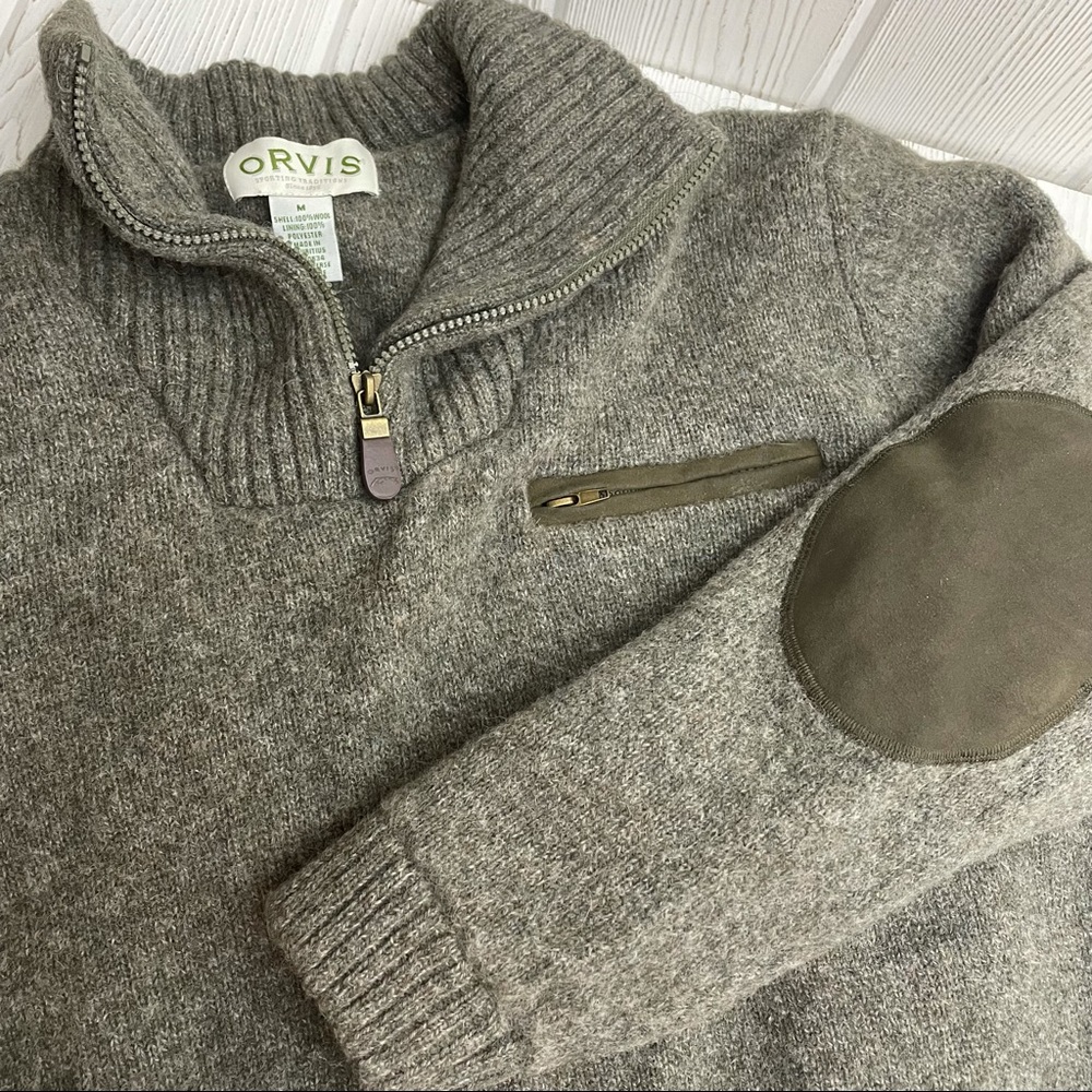 Vintage Orvis Wool Hunting Shooting Sweater Olive Green Elbow Patches Lined M